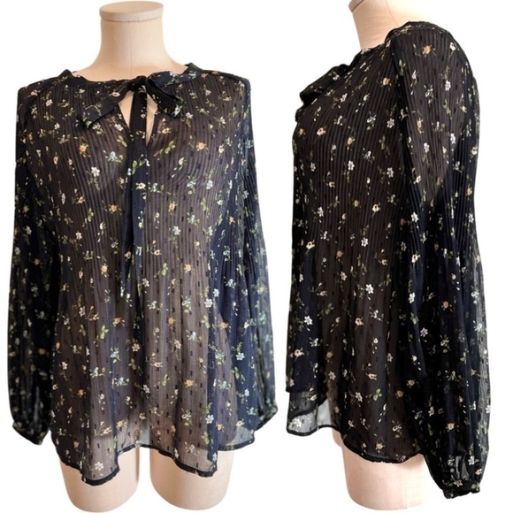 Mango Oversized See Through Navy Floral Long Sleeve Blouse - Picture 1 of 14